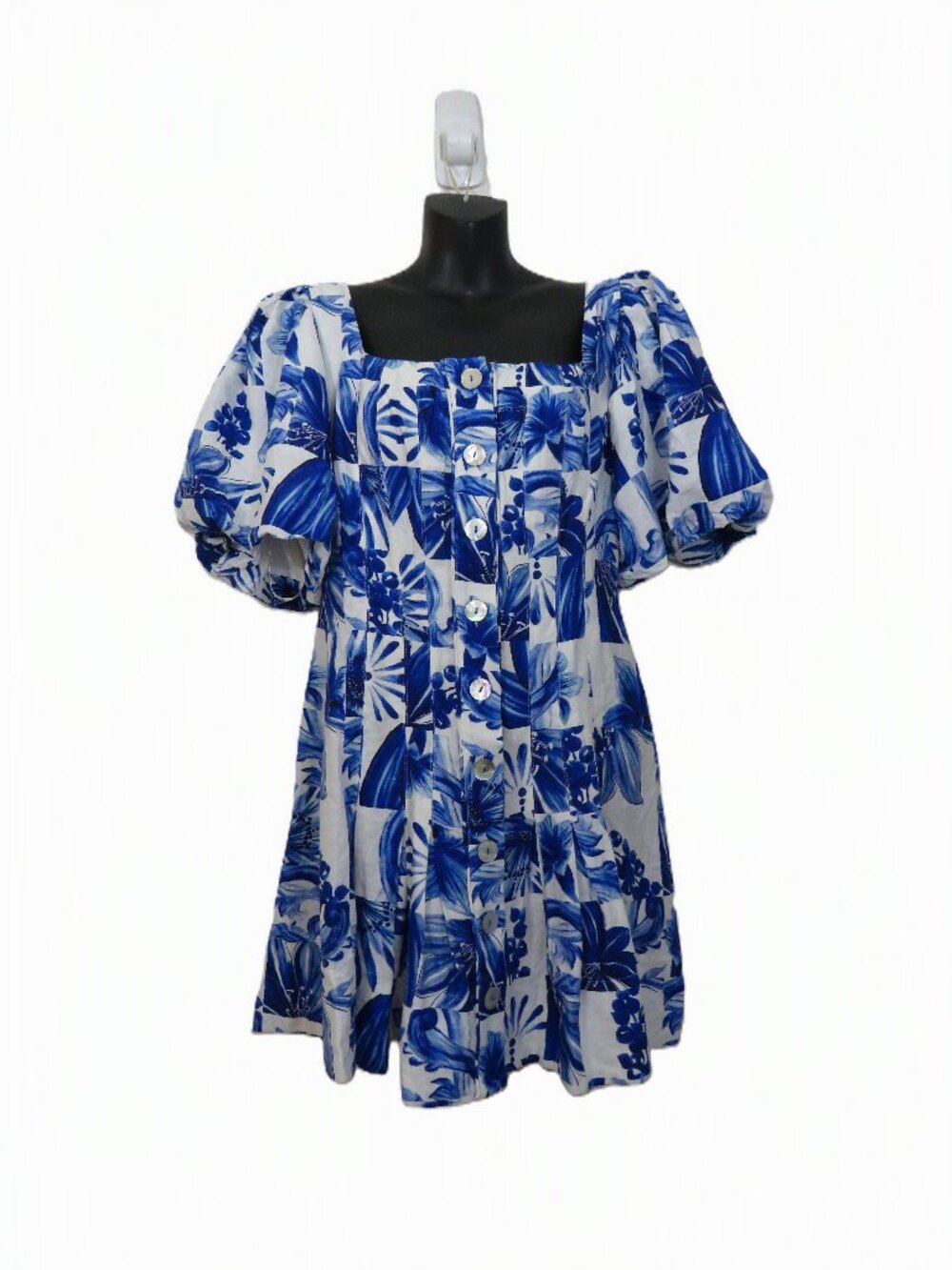 Farm Rio size XS Garden Tiles Plaid Off White Floral Mini Dress Puff Sleeve NEW